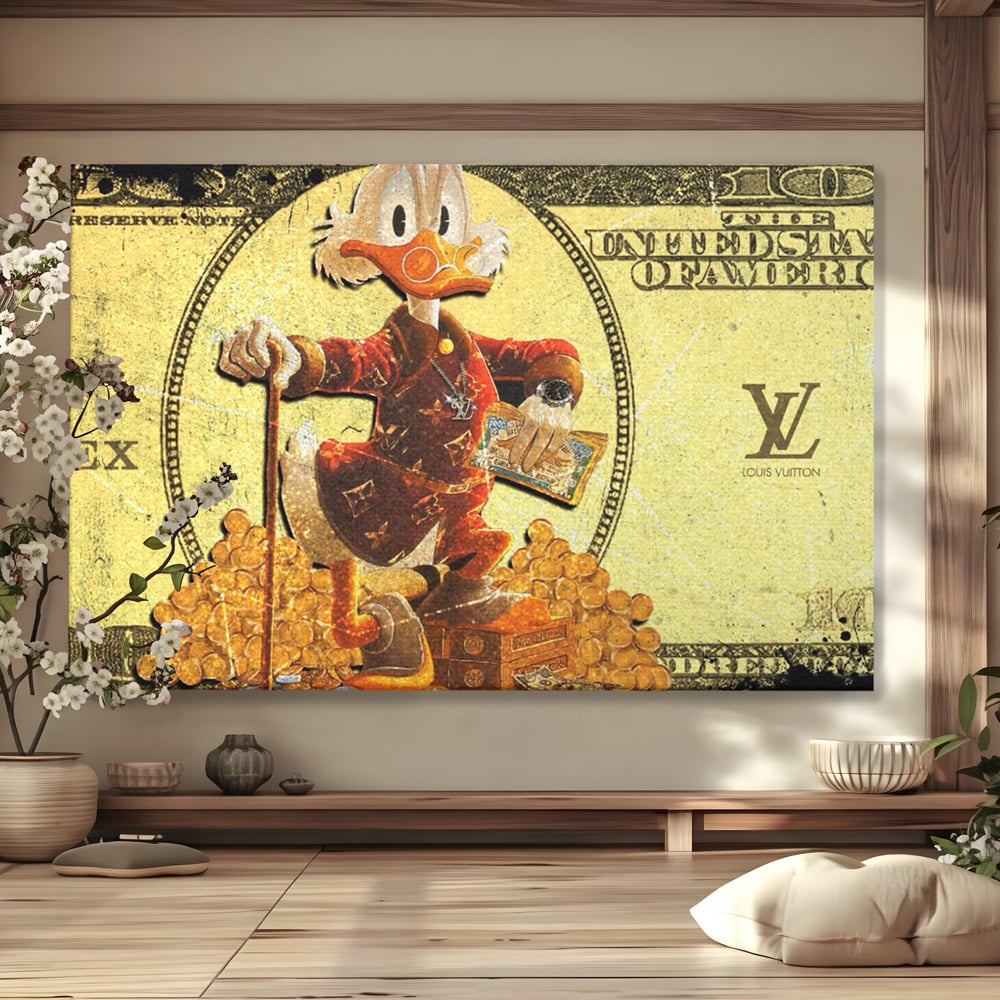 Tablou canvas cu tablou canvas cu personaj disney si bani, fara rama, pe sasiu de lemn
